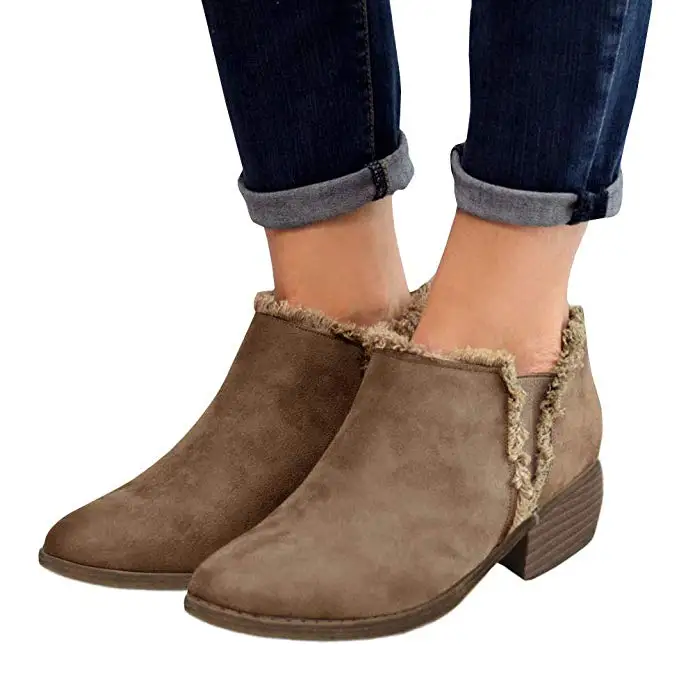 

2020 Retro Suede Boots Women Ankle Boots Tassel Side Checked Back Zipper Chunky Heel Ladies Shoes Round Toe Low Heel Female Boot