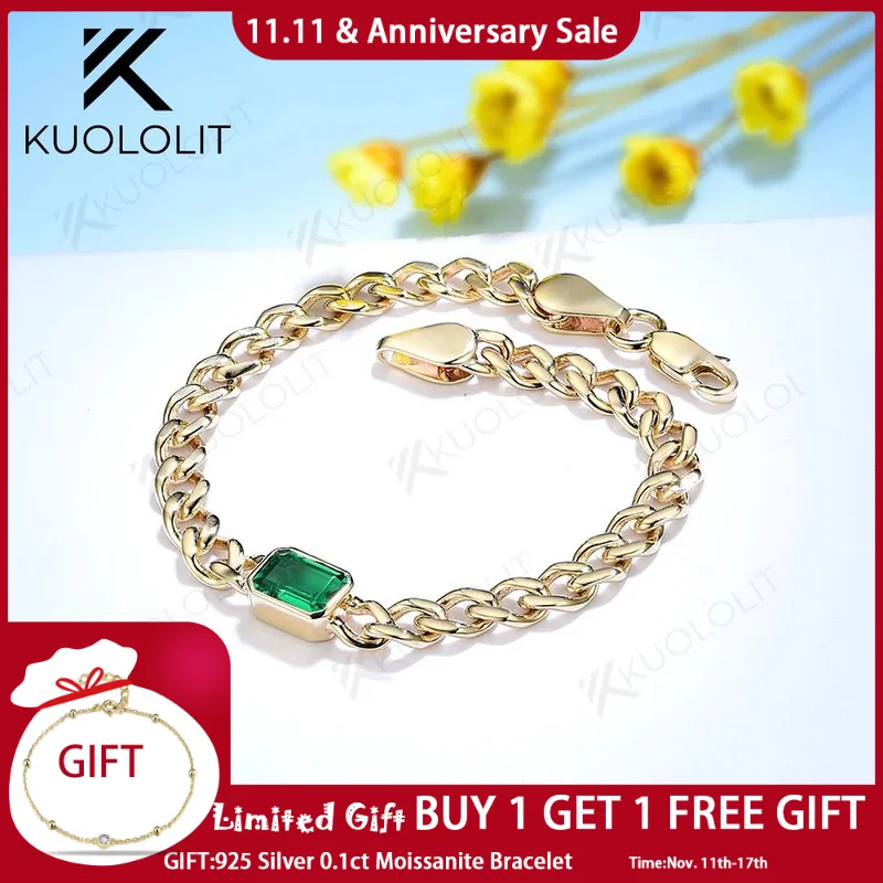 

Kuololit Pure 14K 10K 9K Gold Cuban Link Chain Bracelet for Women 5mm Width Lab Emerald Moissanite Hip Hop Miami Link Customize