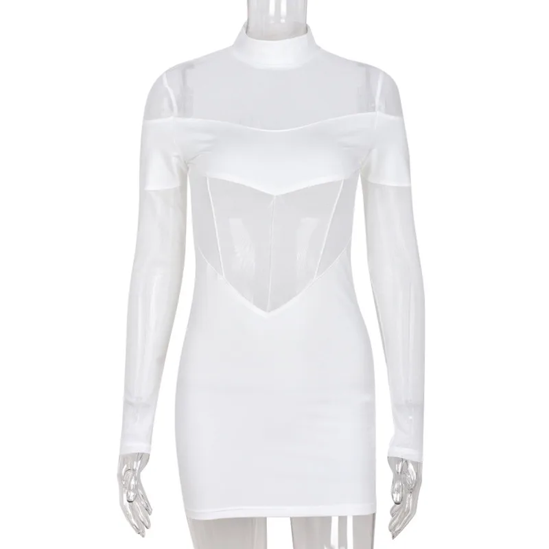 

#3635 белое Сетчатое платье с высоким воротником, сексуальное облегающее мини-платье с длинным рукавом, женские тонкие прозрачные вечерние пл...