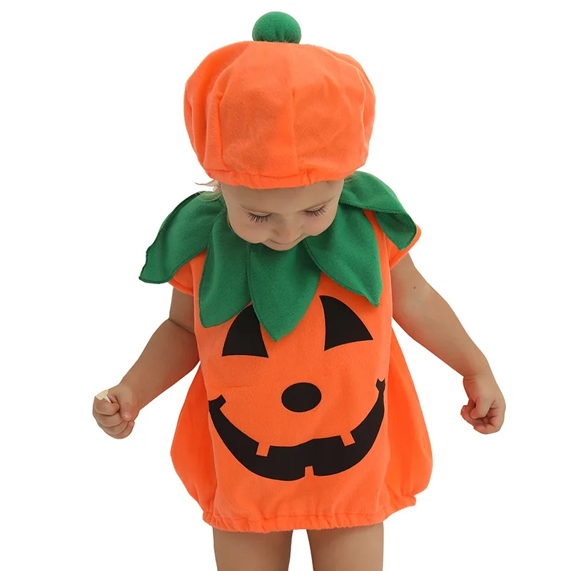 

Unisex Cute Kids Halloween Orange Pumpkin Costumes Cosplay Children Baby Jumpsuits Pajamas Carnival Purim Role Play Party Dress