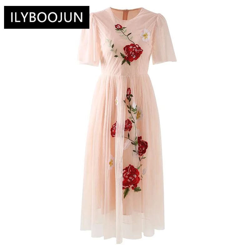 

Dresses For Women 2023 Luxury Pink Vintage Mesh Dress Women's O-neck Short Sleeve Embroidery Flower Holiday Party Midi Dress
