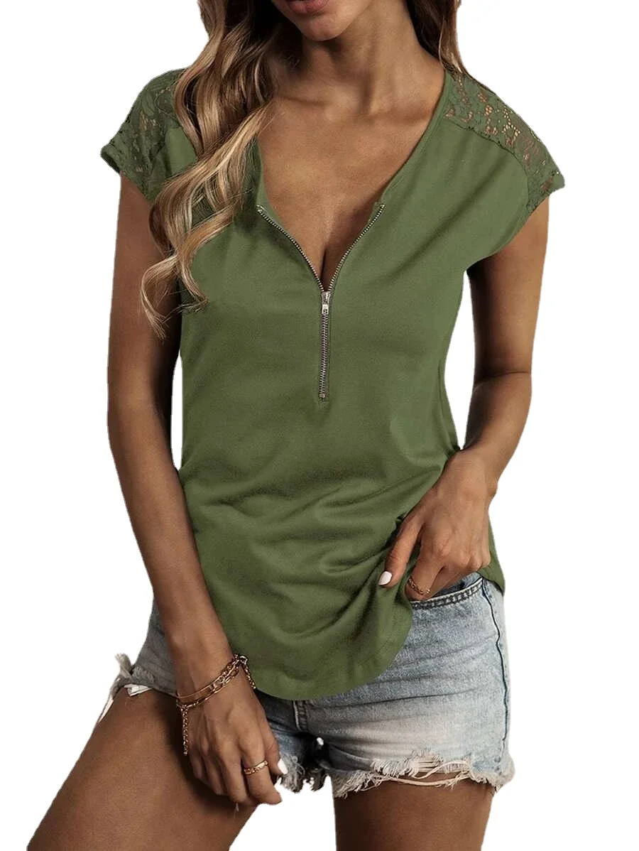 

U Hem T Shirts for Women O Neck Half Zip Lace Patchwork Short Sleeve T-shirt Summer Women Tops Tees Casual Ladies Slim Tshirts