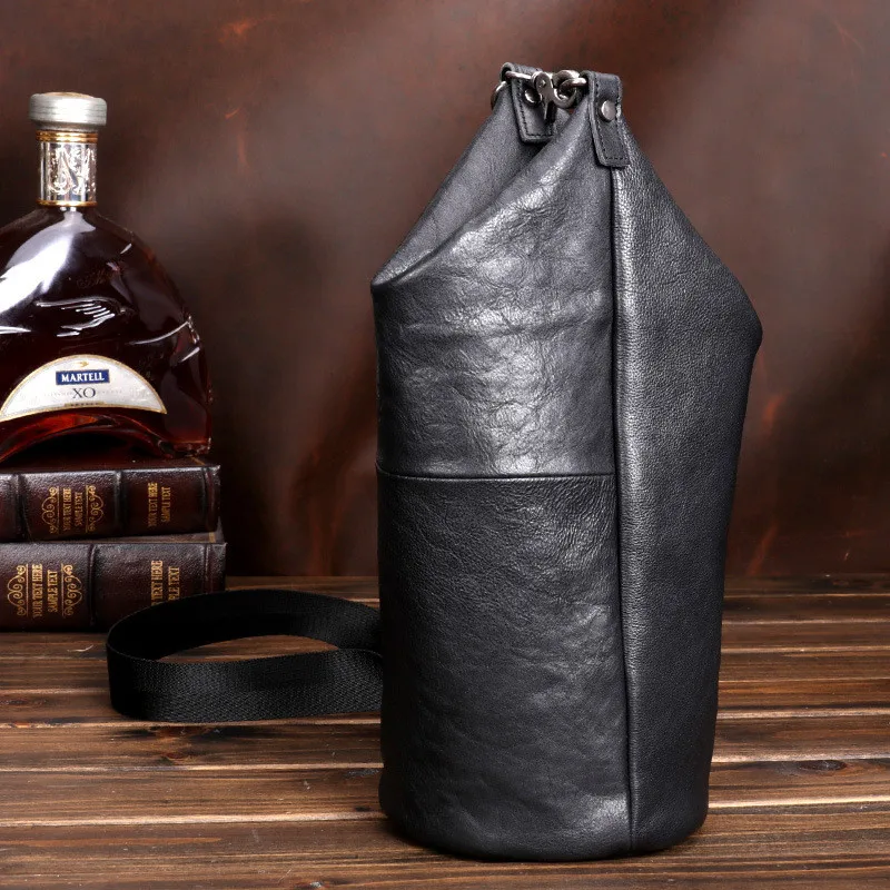 Simple Casual luxury Natural genuine Leather Men Black Bucket Bag Outdoor Daily Teen Work Weekend Party Soft cowhide Chest Bag