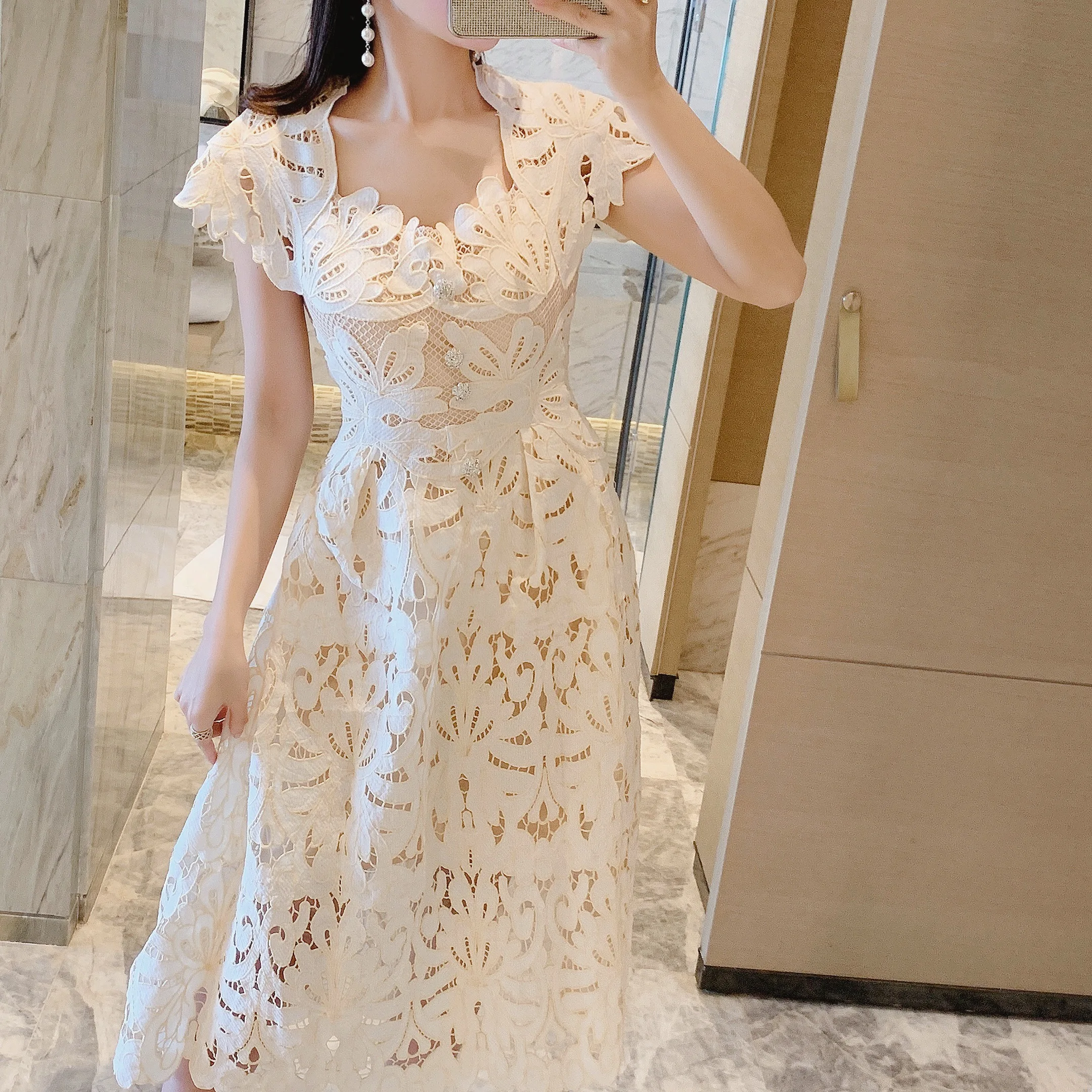 2022 Elegant Party Lace A-Line Short Sleeve Vintage Embroidery Autumn Spring Boho Dress High Waist Dresses Women Luxury Runway