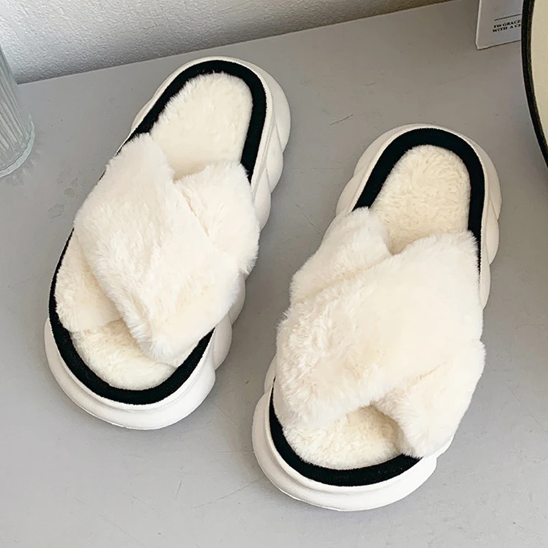 

Winter Women House Cross Fluffy Fur Home Slippers Thick Sole Warm Floor Shoes Plush Cotton Indoor Woman Furry Ladies Flip Flops