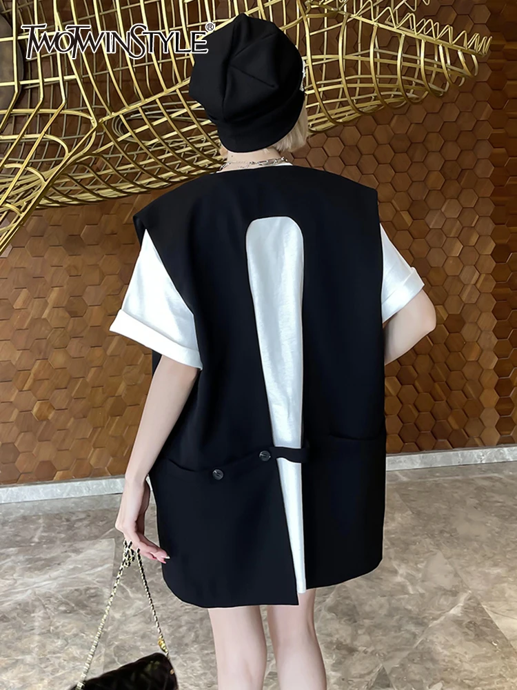

TWOTWINSTYLE Solid Hollow Out Waistcoats For Women V Neck Sleeveless Patchwork Button Loose Casual Waistcoat Female Fashion 2023