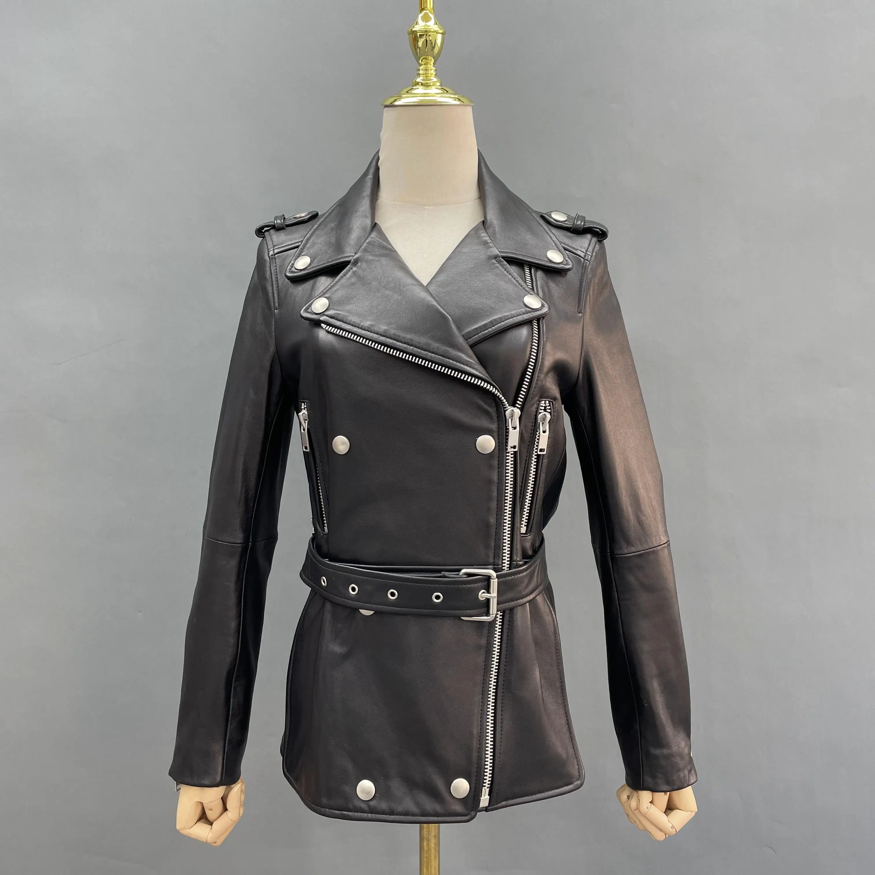 JANEFUR Black Leather Jacket Women 2023 Fashion Slim Real Sheepskin Coat with Belt Moto Biker Fall Winter Outerwears