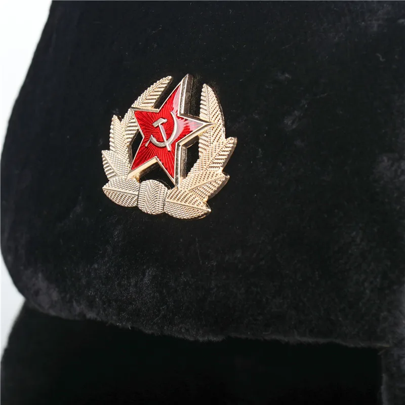 Фото Мужская зимняя шапка-ушанка с советским знаком, Русская Шапка-ушанка, уличная теплая утолщенная ветрозащитная шапка-ушанка из искусственно... №2