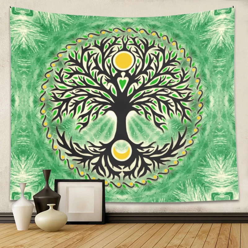 

Tree of life Tapestry Yggdrasil sun and moon psychedelic Tapestry green Aesthetic Wall Hanging Mandala Bohemian Home Decor