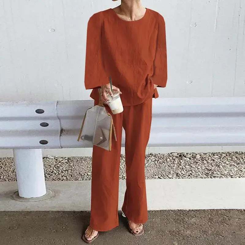 

2023 Autumn Cotton Women's Suit Black Long Sleeve Top Wide-leg Pants Suits Female Summer Elegant Casual Loose 2 Piece Set Ladies