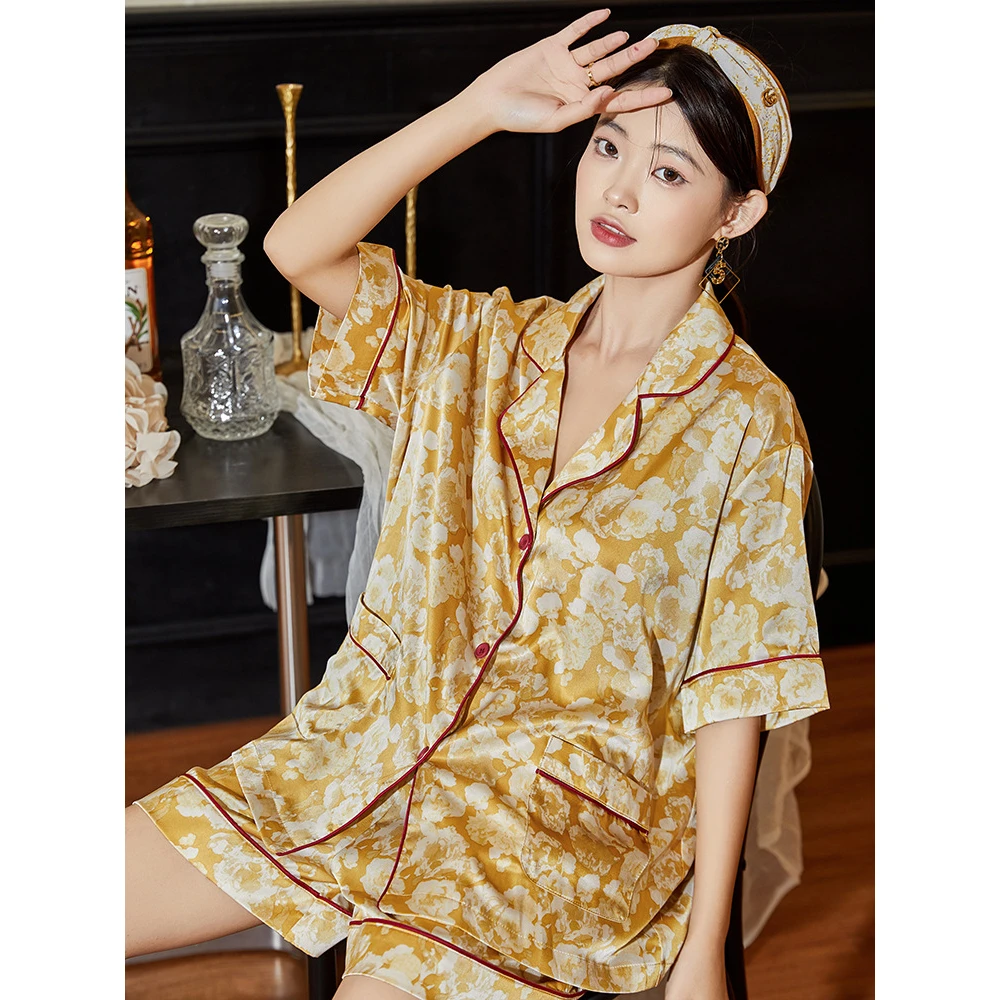 Maison Gabrielle 2022 Summer New Printed Pajamas Set Koungewear Sleepwear for Women 2 Pieces Short Sleeves Silk Vintage Style