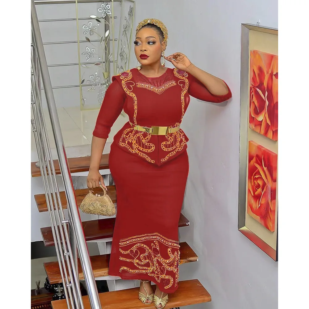 

African Dresses for Women 2022 New Elegant Long Sleeve Belt Crystal Evening Gowns Vestido Longo Plus Size Promoção Party Clothes