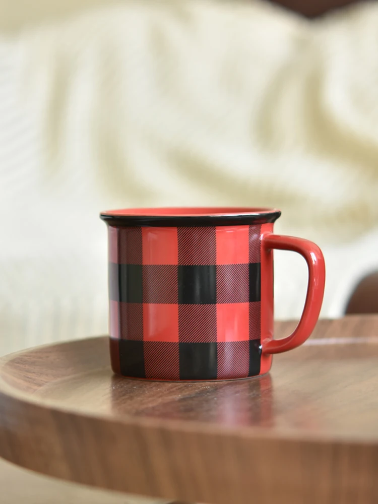 

American Vintage Red And Black Check Cup Household British Style Mug Milk Cup Coffee Cup Minimalist Export Ceramic Cup