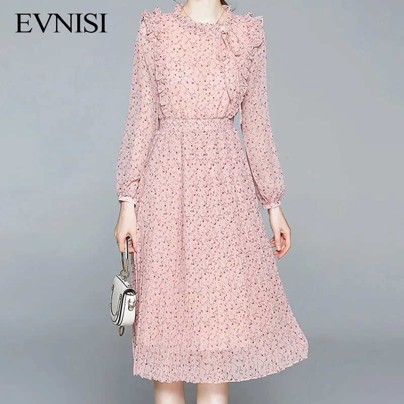 

Новое Женское цветочное Розовое Шифоновое Платье EVNISI на весну, элегантные платья-трапеции со складками и рукавами-фонариками и оборками