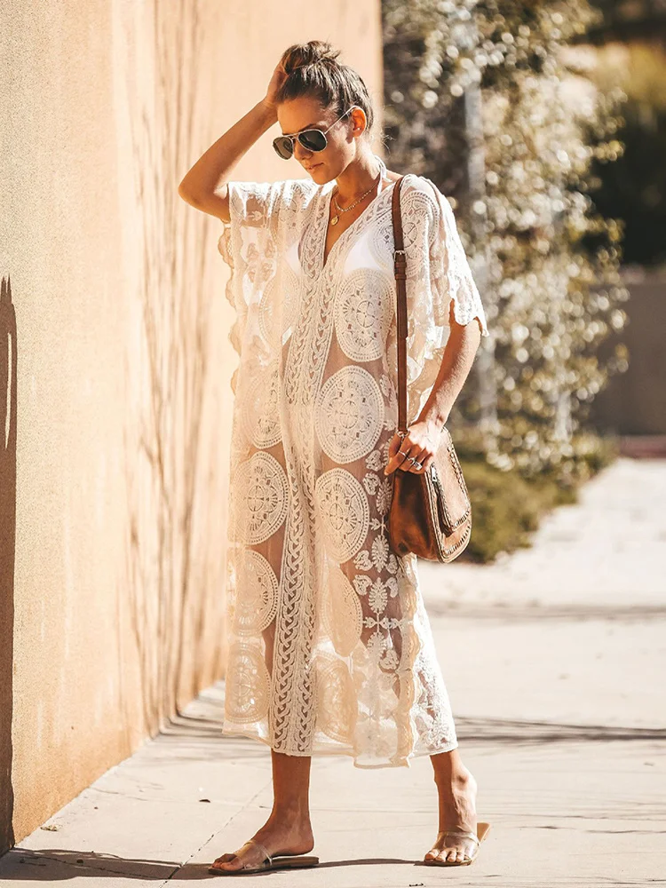 

BabYoung Bohemian Vintage Maxi Dress Summer Swimwear V Neck Flower White Boho Long Pareo Holiday Sheer Sexy Bikini Cover Up