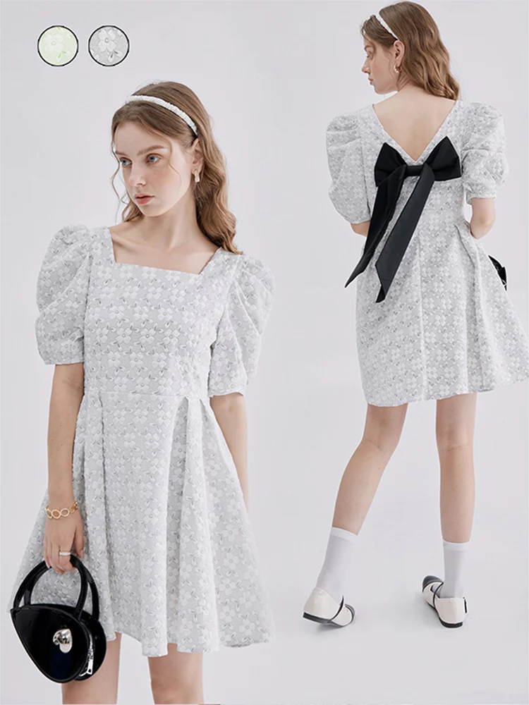 

Женское винтажное платье в стиле Хепберн, белое платье-трапеция с пышными рукавами, бантом и открытой спиной, а-силуэт, элегантный вариант д...