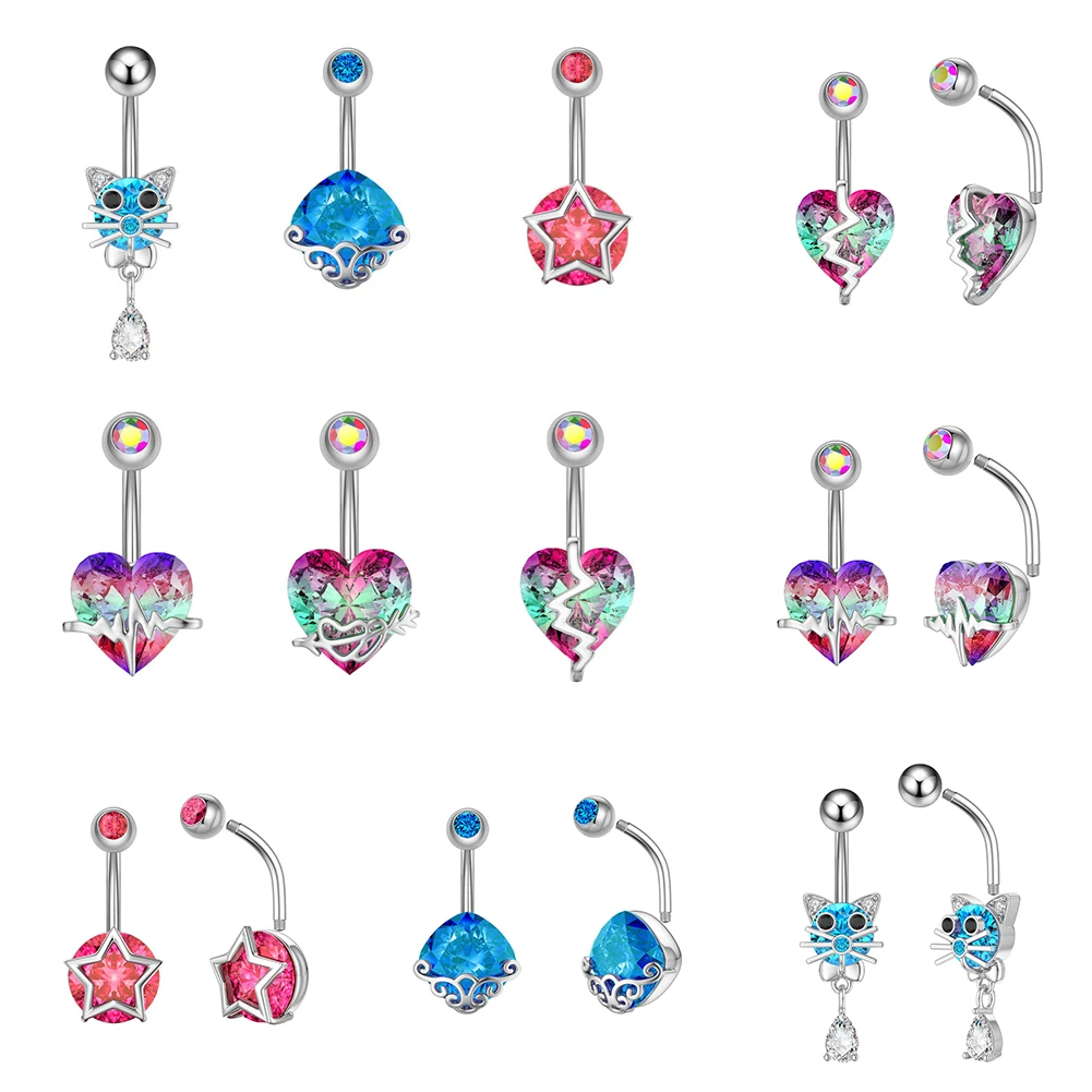 

1PC Heart Belly Button Ring Fashion Crystal Multicolor Navel Piercing Surgical Steel Cz Cute Belly Ring Women Body Jewelry Sexy