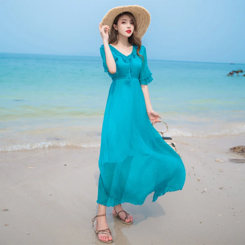 

100% Silk Maxi Dresses for Women Summer 2022 White Beach Dress Casual Ladies Dresses Korean Fashion Vestidos Verano Gxy22