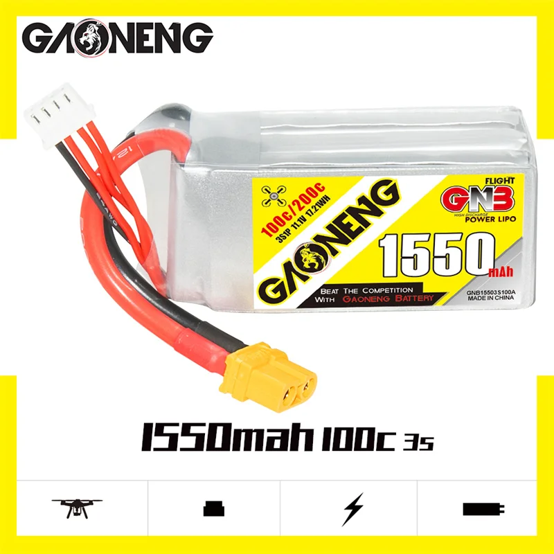 

GAONENG GNB 1550MAH 3S 11.1V 100C Lipo Battery XT60 Plug Connector Built-in Fiberglass Board for RC FPV Racing Drone Spare Parts