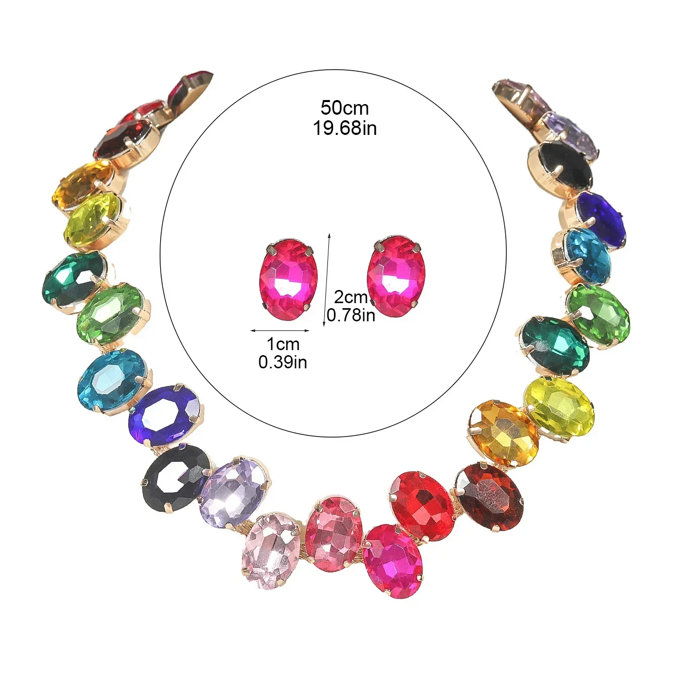Design sense of colorful geometric oval rhinestone necklace earrings two-piece fashion exquisite personality jewelry set