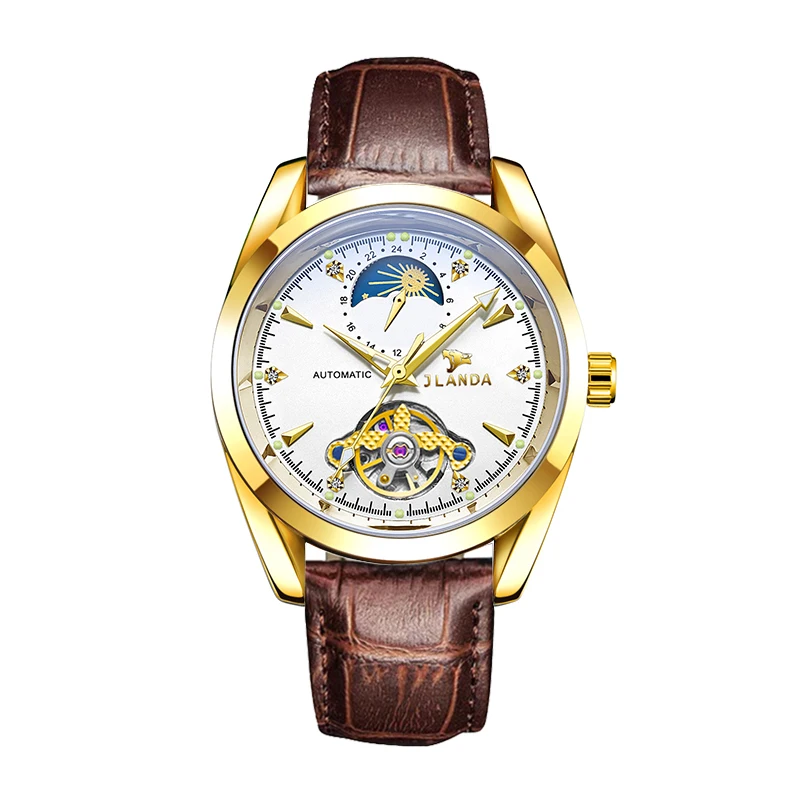 

Мужские механические наручные часы, водонепроницаемые автоматические часы с золотым скелетом и луной, с ремешком из натуральной кожи, дисплей 24 часа, 2023