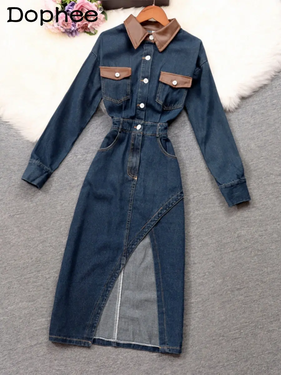 

Retro Fashion Pu Leather Polo Collar Contrast Color Slim Waist Split Midi Denim Dress 2022 New Fall Winter Jeans Dress for Women
