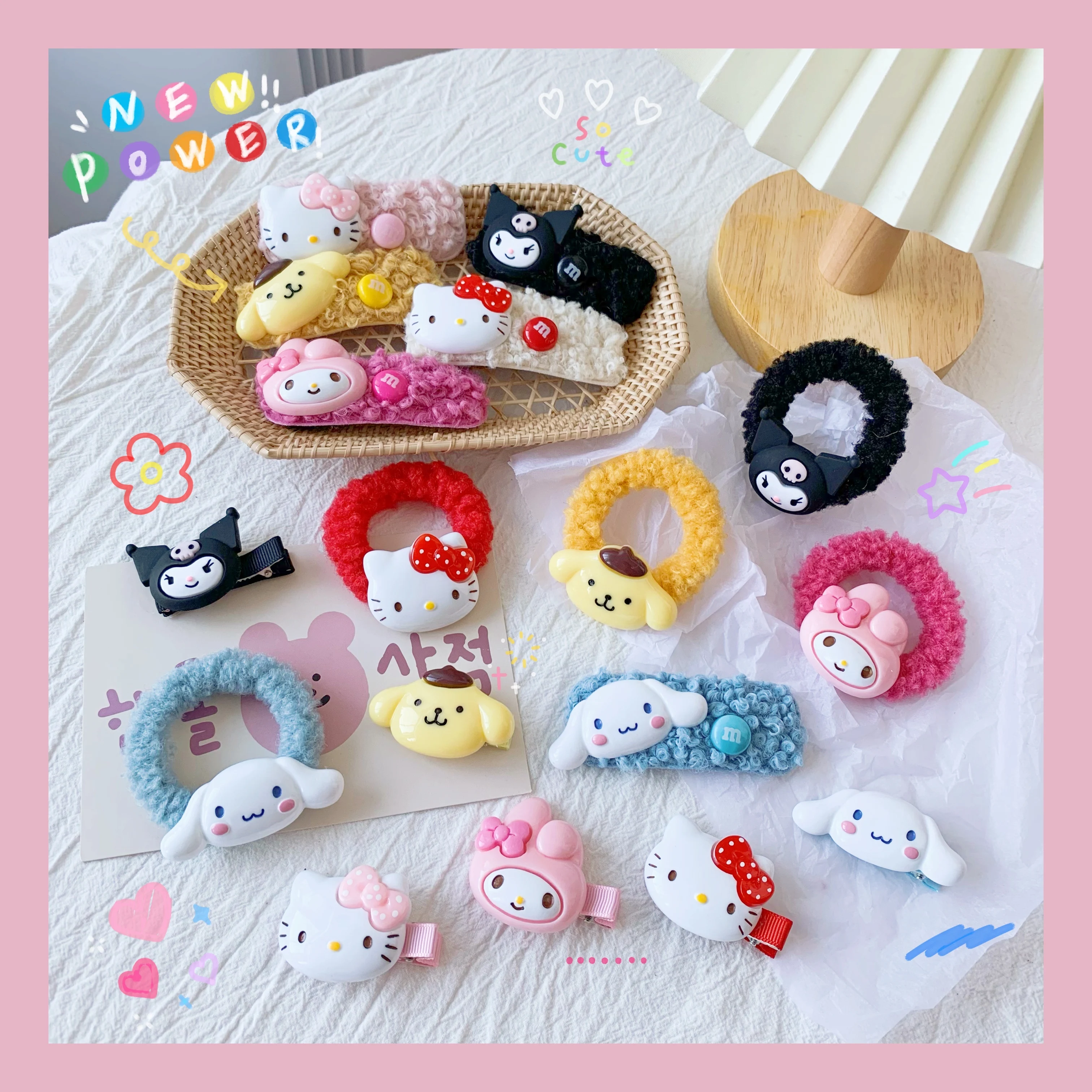 

3 Pcs/Set Sanrioed Cinnamoroll My Melody Kuromi Headdress Hairpin Fabric Girl Heart Hair Ring Soft Sister JK Hair Accessories