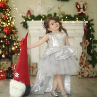 lovely o neck a line silver flower gril dresses bow sequined organza ball gown simple sweep train kid birthday party dress