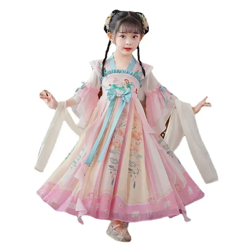 Розовое платье с цветочной вышивкой ханьфу для девочек супер сказочное в
