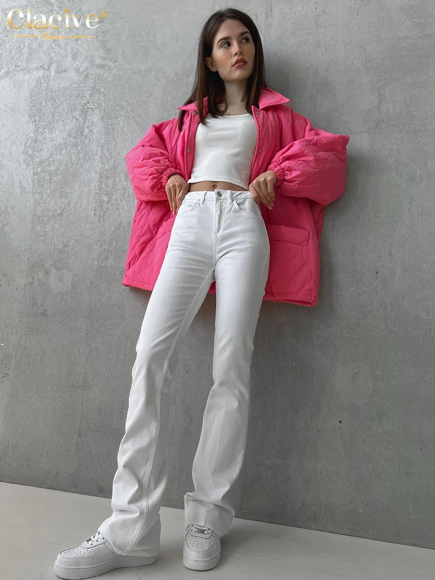 Clacive Winter Coat For Women Fashion Lapel Long Sleeve Lady Coats Casual Loose Single Breasting  Jackets Female Clothing Pocket