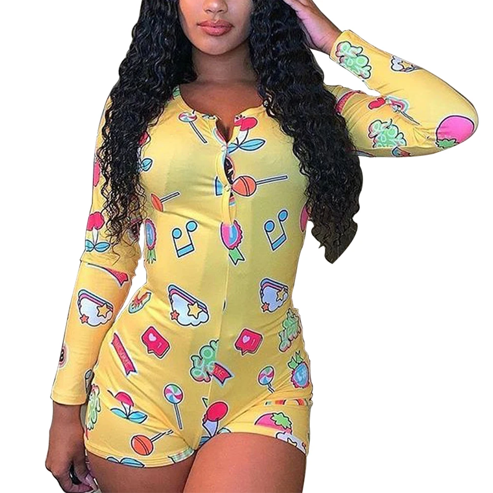 

Women's Loungewear Jumpsuit Button Long Sleeve V Neck Yellow Note Bill Print Slim Fit Loungewear Jumpsuit