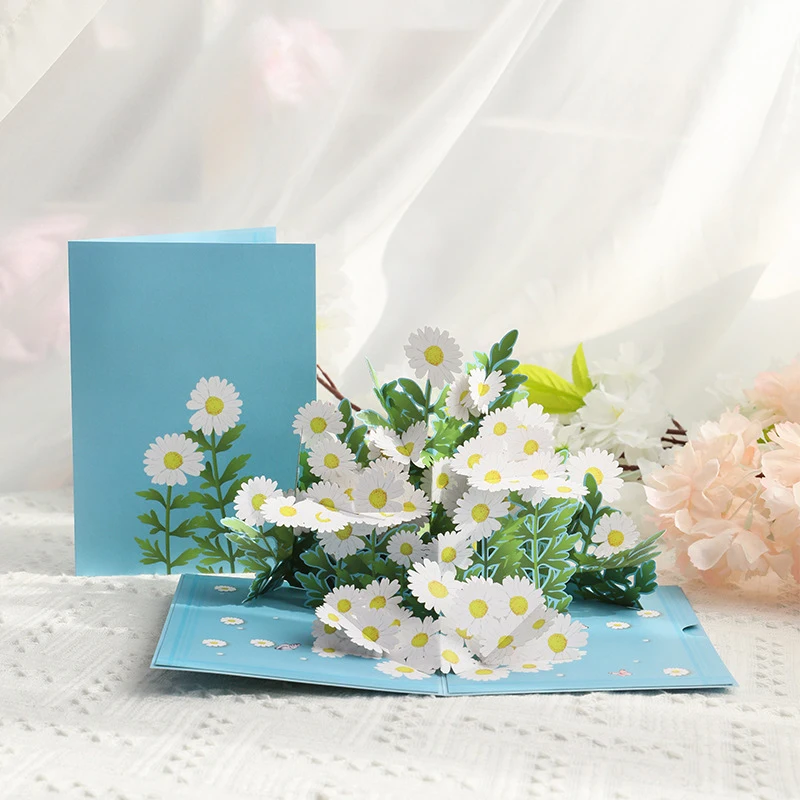 

3D Handmade Blue Cover White Little Daisy Paper Greeting Cards PostCard Present Thanksgiving Mother's Day Teachers' Day Gift