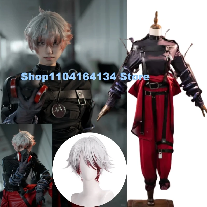 Identity V Emil Patient Rare Case Cosplay Costume Wig Mask Glasses Top Leather Belts Pants Lock White Red Hair Game Accessories