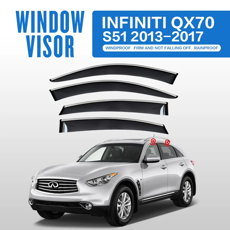 

Пластиковый козырек для окна INFINITI QX70 S51 2013-2017, вентиляционные оттенки, защита от солнца и дождя для INFINITI QX70 S51 2013-2017