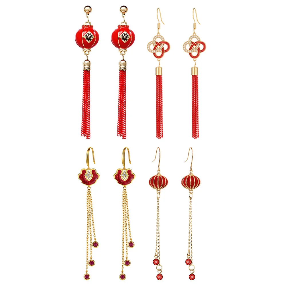 

Earrings Women Chinese Dangling Traditional Earring Packs Fashion Red Lantern Ring Tassel Set