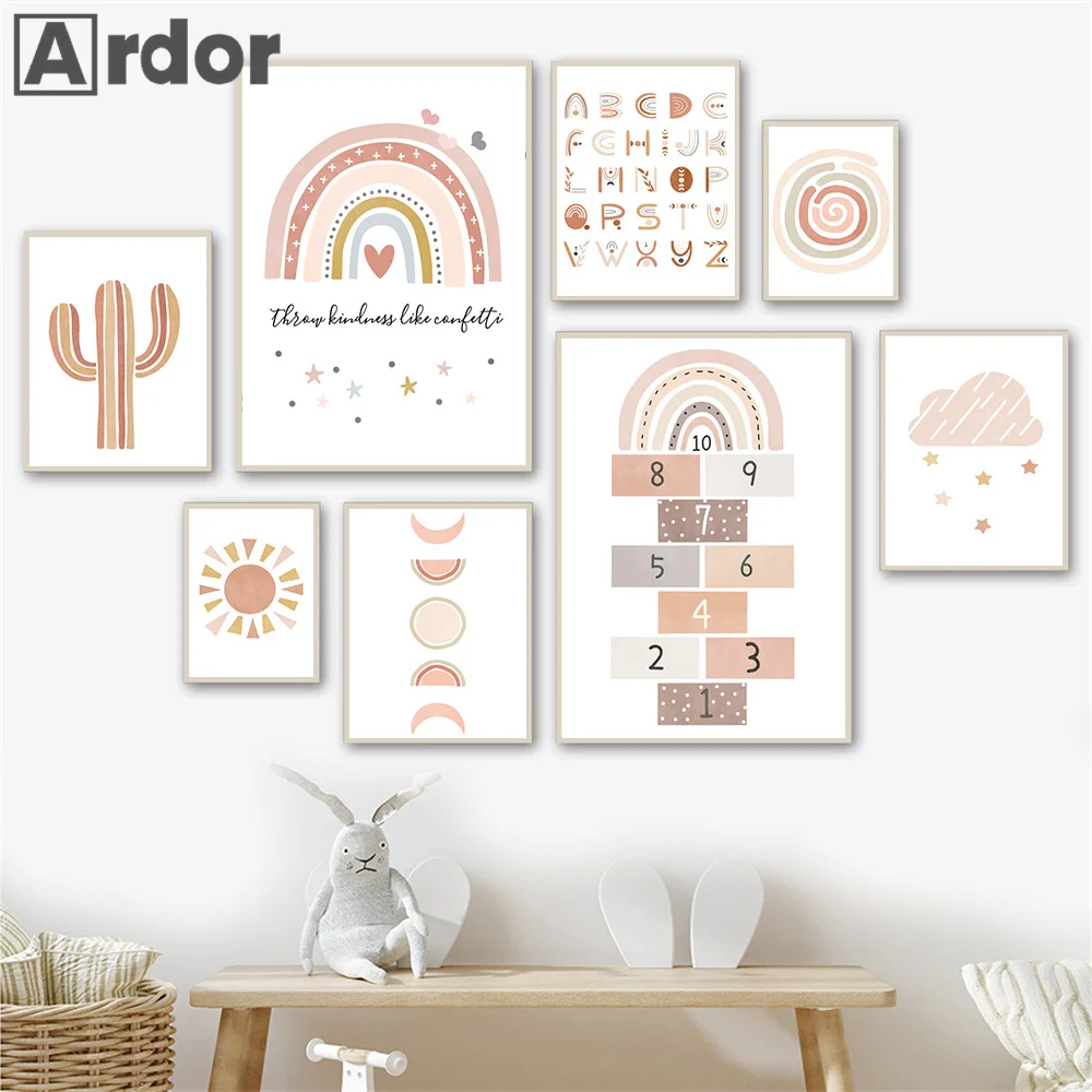 Кактус ABC Алфавит цифры Радуга облако настенная Картина на холсте скандинавские
