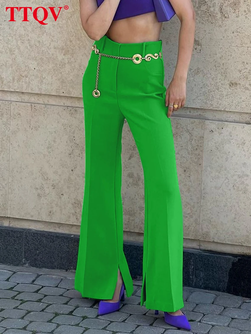 

TTQV Fashion Green Simple Pants Women Autumn Elegant High Waisted Straight Pants Casual Office Lady Side Slit Trousers