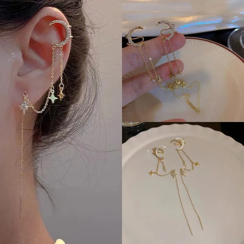 

Gold Color Moon Star Clip Earrings for Women Simple Zircon Fake Cartilage Long Tassel Ear Cuff Wedding Party Jewelry Gifts Arete
