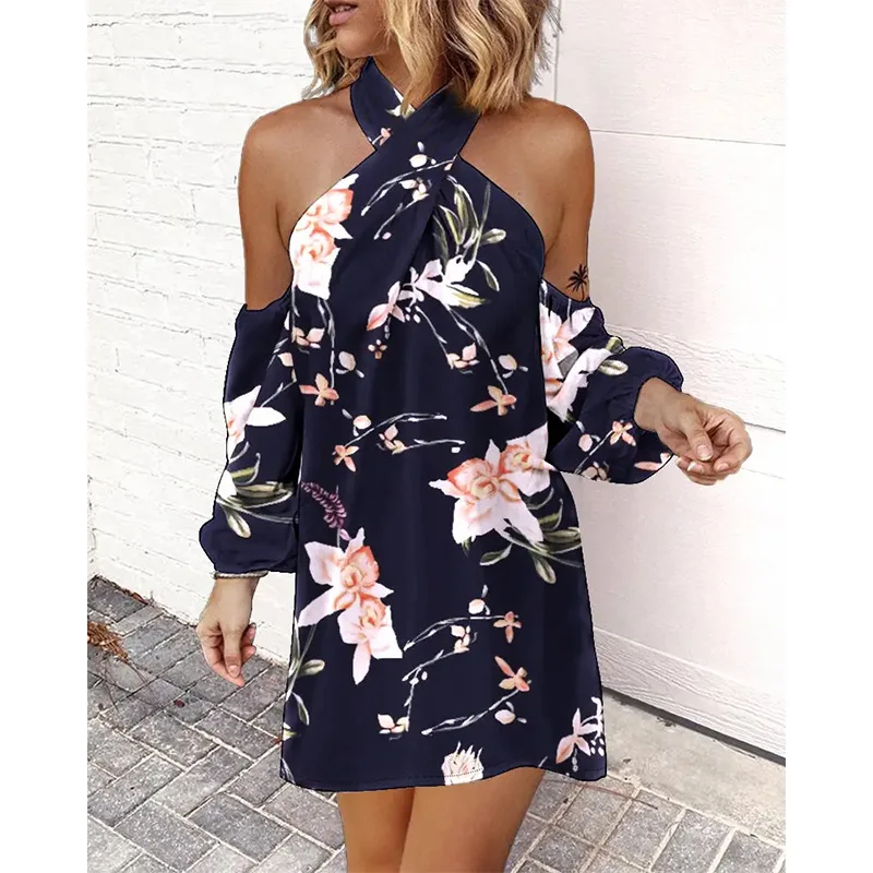 

Women Mini Dress New Slim High Waist Halter Neck Summer Spring Casual Fashion Floral Sexy Party Dress