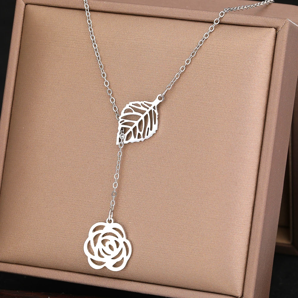 Stainless Steel Necklaces Vintage Delicate Temperament Leaves Rose Flower Pendant Charm Chains Choker Necklace For Women Jewelry |