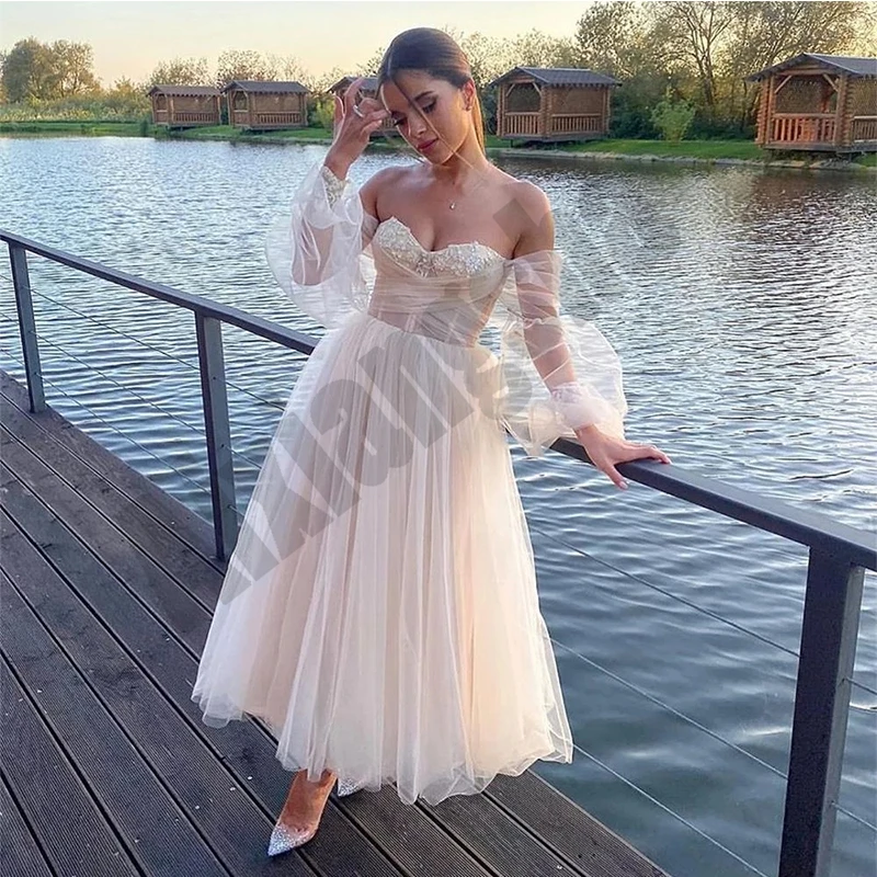 

Tea Length Wedding Dresses Appliques Pleat Vestidos De Novia Luxury Female Puffy Sleeve Illusion Sweetheart Robe de mariee