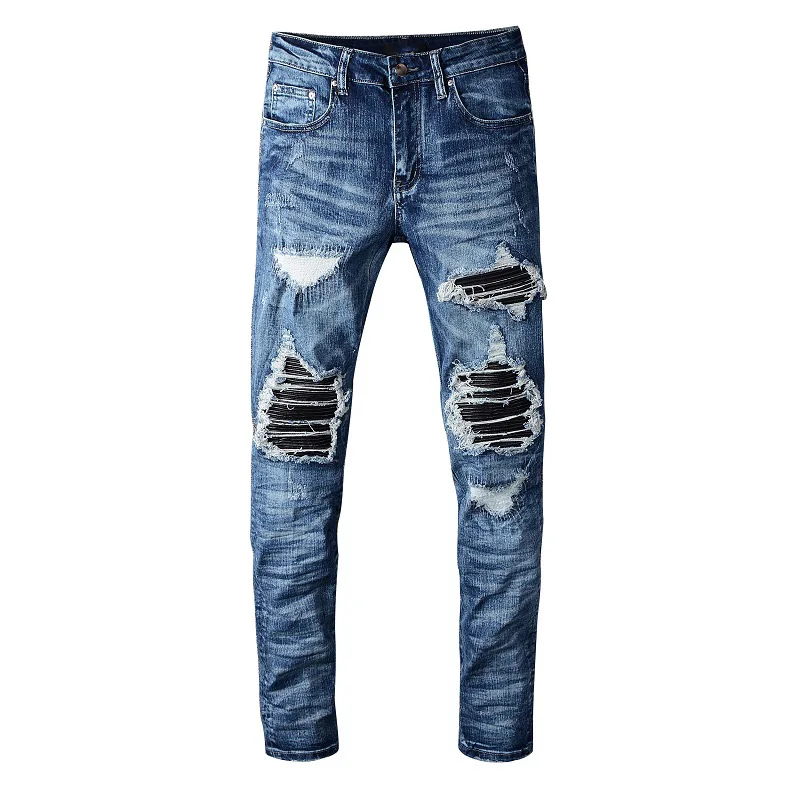 

AM Men's High Quality Street Fashion Ripped Light Blue Distressed Stretch Slim Daged Holes Black Ribs Patchwork Skinny Jeans