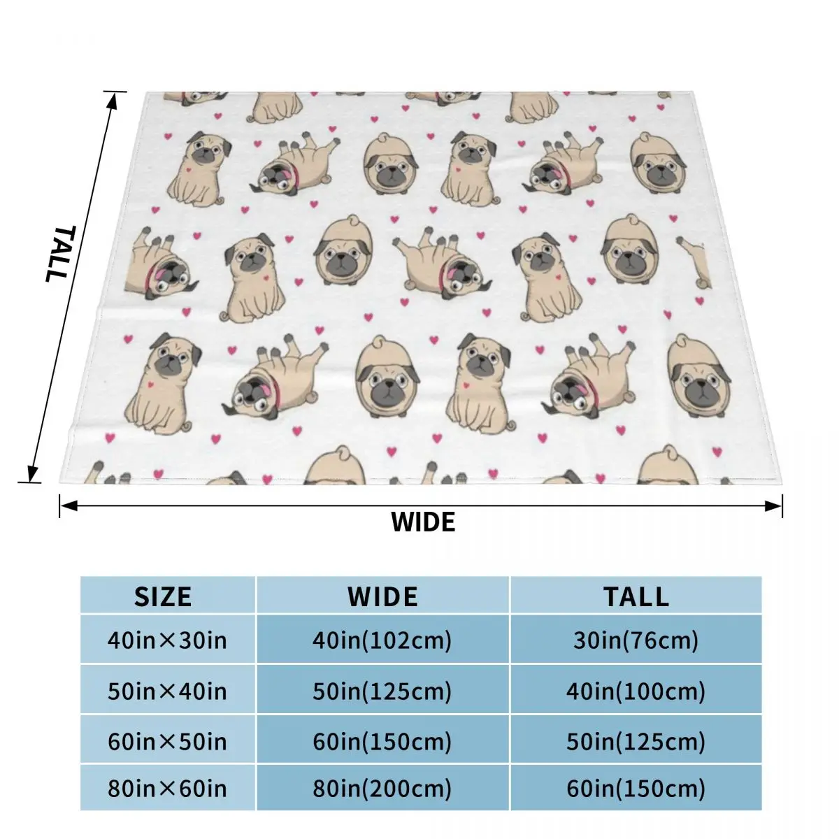 Милая собака-мопс с сердечками любви. Ультрамягкое одеяло из микрофлиса.