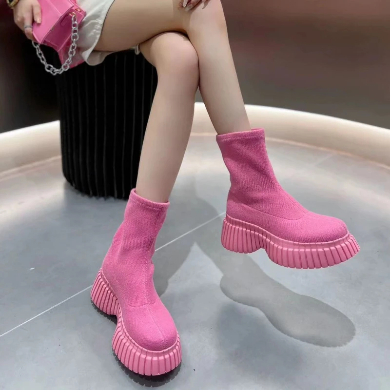 Женские вязаные короткие ботинки повседневные ботильоны на толстой подошве
