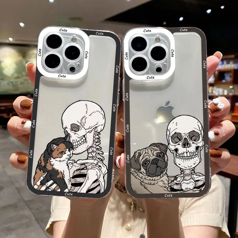 

Luxury Funny Cute Skeleton Skull And Cat Clear Case for iPhone 11 SE2 7 8 Plus 13 12 14 Pro Max X XS XR Transparent Back Covers