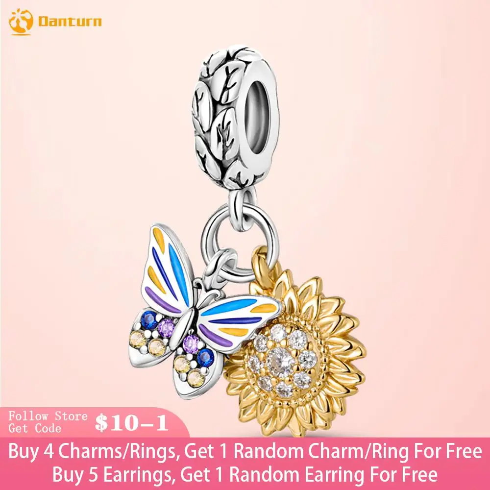 

Danturn 925 Sterling Silver Beads Sunflower Butterfly Dangle Charm fit Original Pandora Bracelets Fashion Women Jewelry