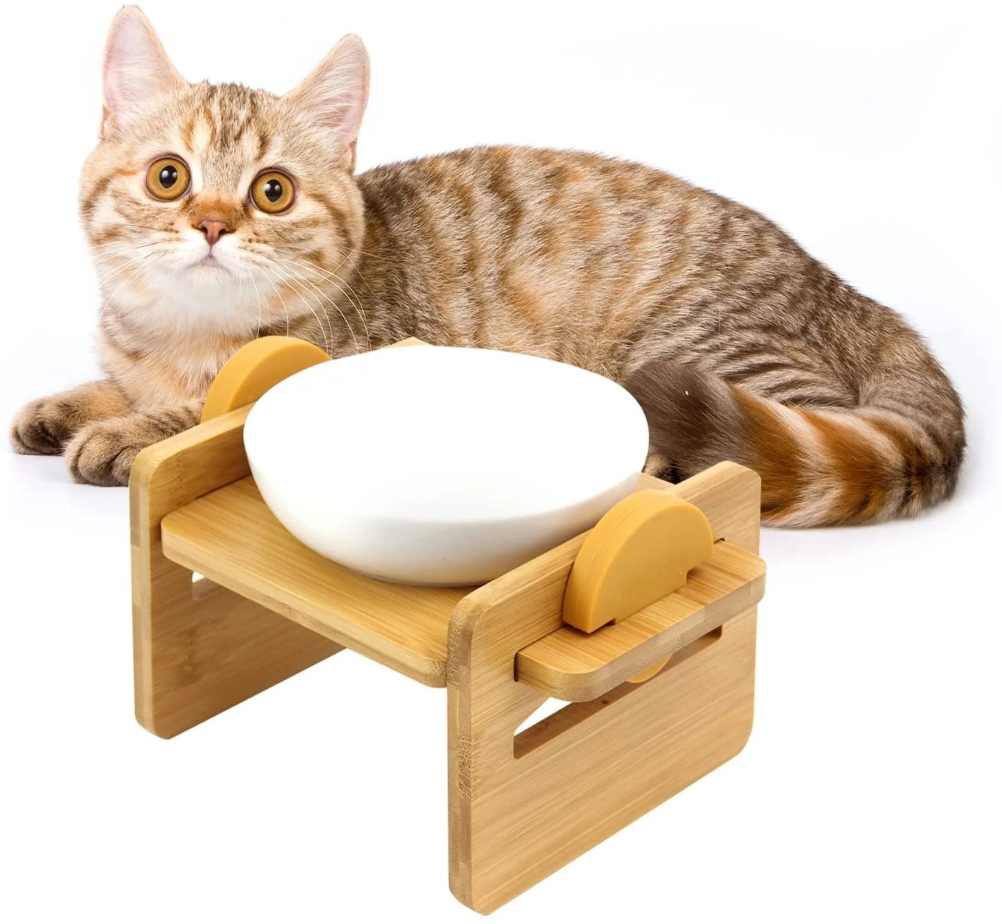 

6 oz Elevated Dog Bowls,Adjustable Ceramic Pet Bowl,15°Tilted Raised Pet Feeder,Durable and Nonslip Bamboo Drinking Bowl pets