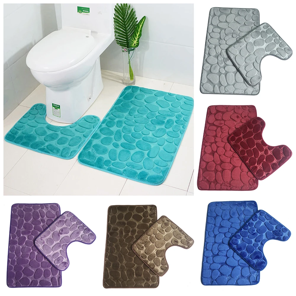 

2 Pcs Set Flannel Cobblestone Bath Anti-slip Carpet Toilet Rug Doormat Home Bathroom Supplies Soft Strong Water Absorption Mat