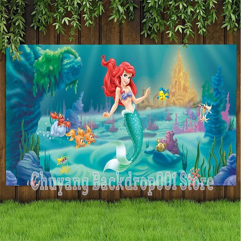 

Disney Little Mermaid Ariel Birthday Photography Backdrop Girls Princess Under The Sea Photo Background Photocall Prop