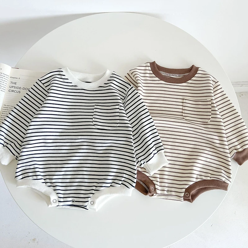 

New Autumn Baby Bodysuit Toddler Simple Striped Pockets Jumpsuit Infant Outwear One Piece